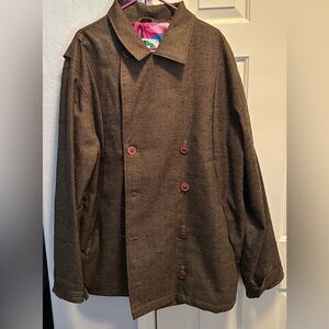 Volcom Men's Brown Double-Breasted Pea Coat with Red Buttons